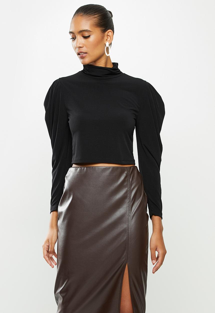 VELVET - Knit turtle drape shoulder crop top - black