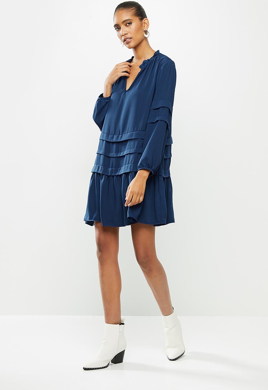VELVET - Voluminous dropped waist mini dress with balloon sleeve - blue 