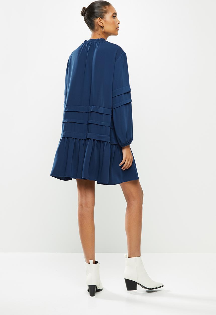 VELVET - Voluminous dropped waist mini dress with balloon sleeve - blue 