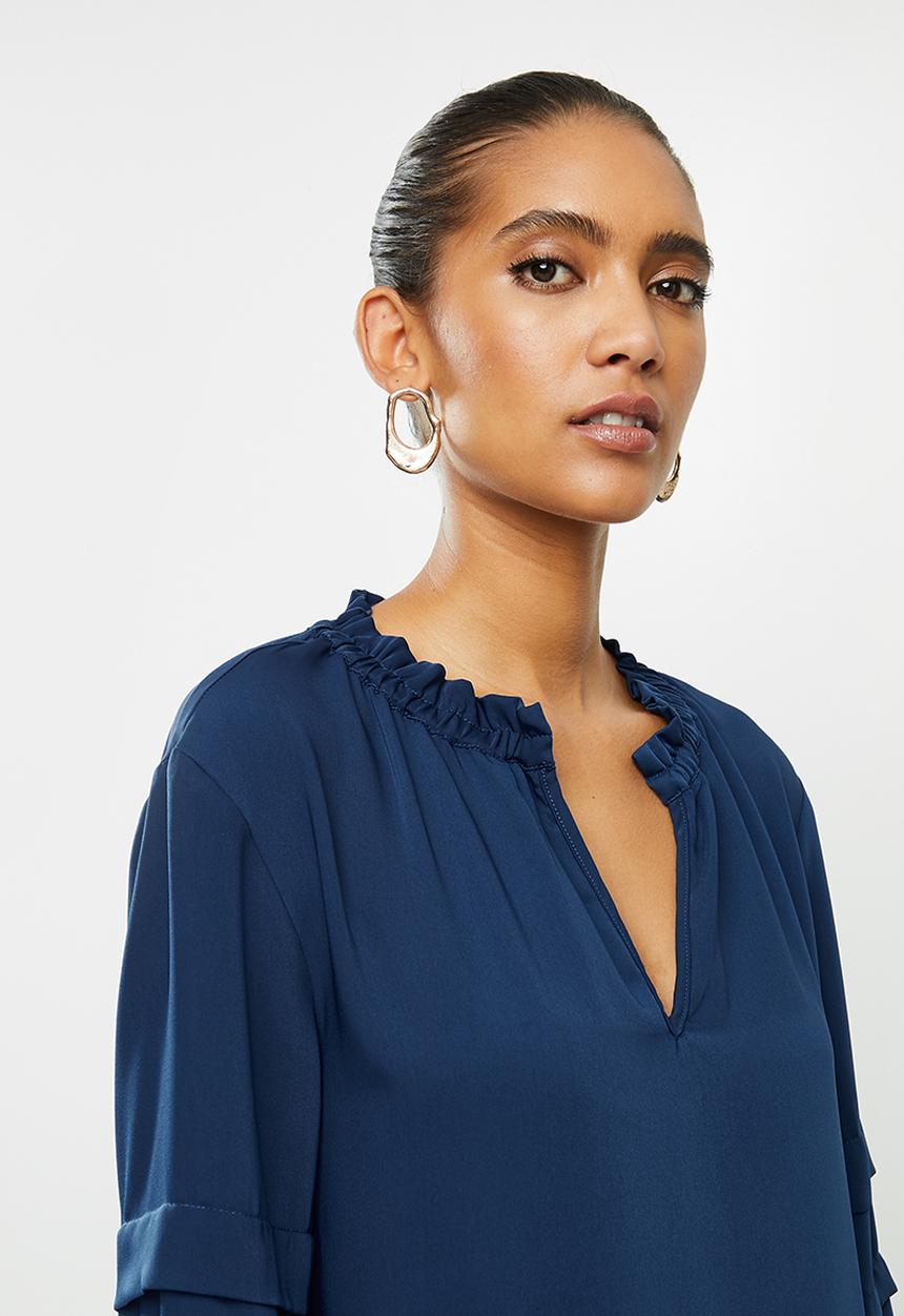 VELVET - Voluminous dropped waist mini dress with balloon sleeve - blue 