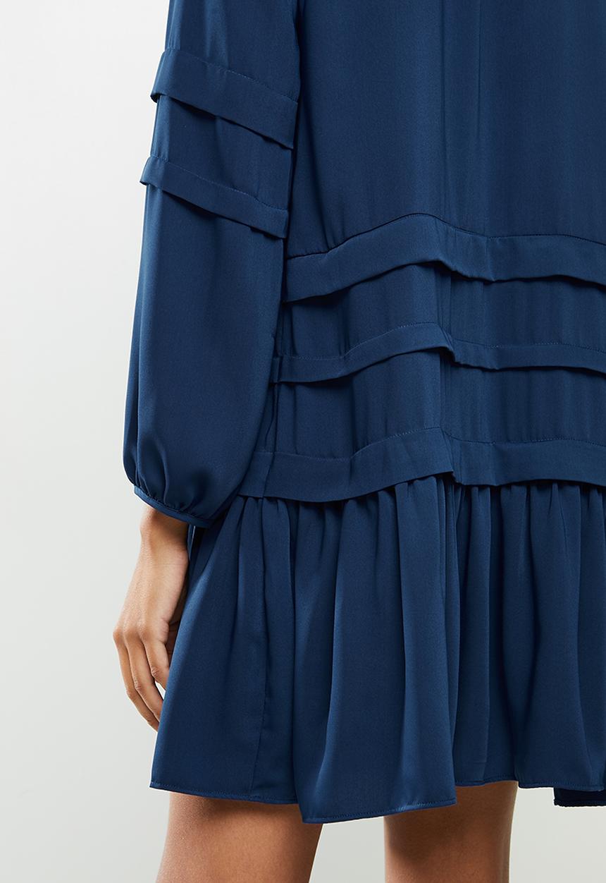 VELVET - Voluminous dropped waist mini dress with balloon sleeve - blue 