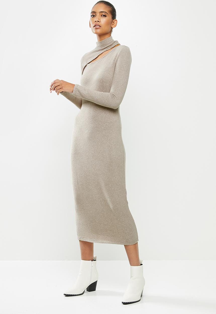 VELVET - Turtleneck cut-out column midi dress - taupe 