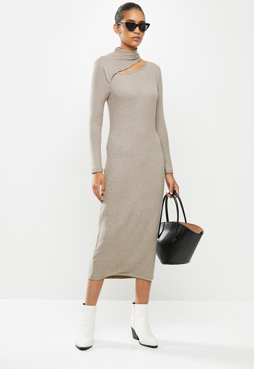 VELVET - Turtleneck cut-out column midi dress - taupe 