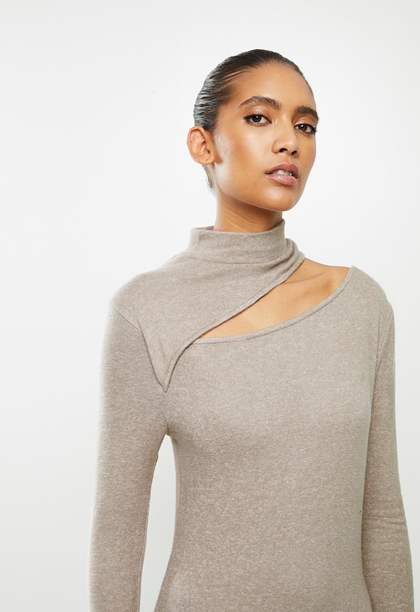 VELVET - Turtleneck cut-out column midi dress - taupe 
