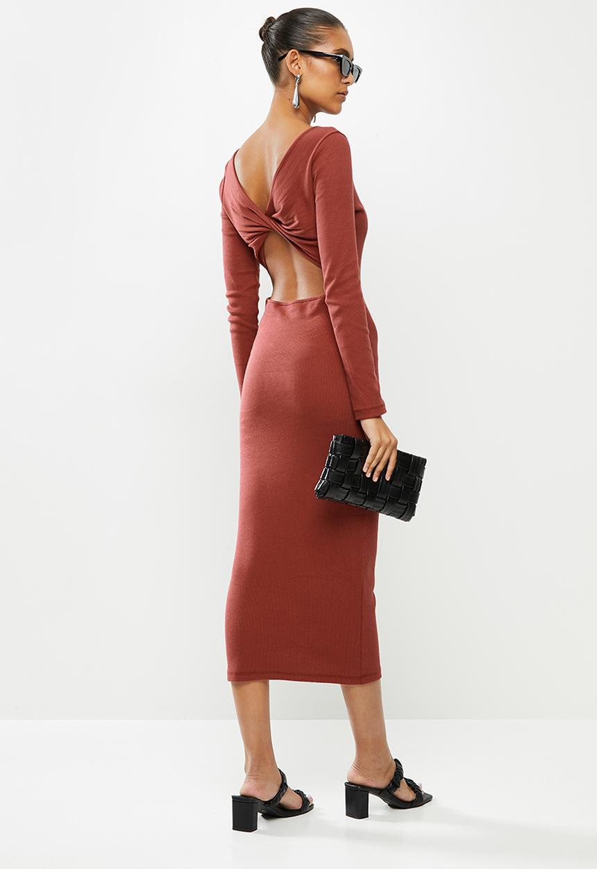 VELVET - Twist back column rib knit mini dress - brick
