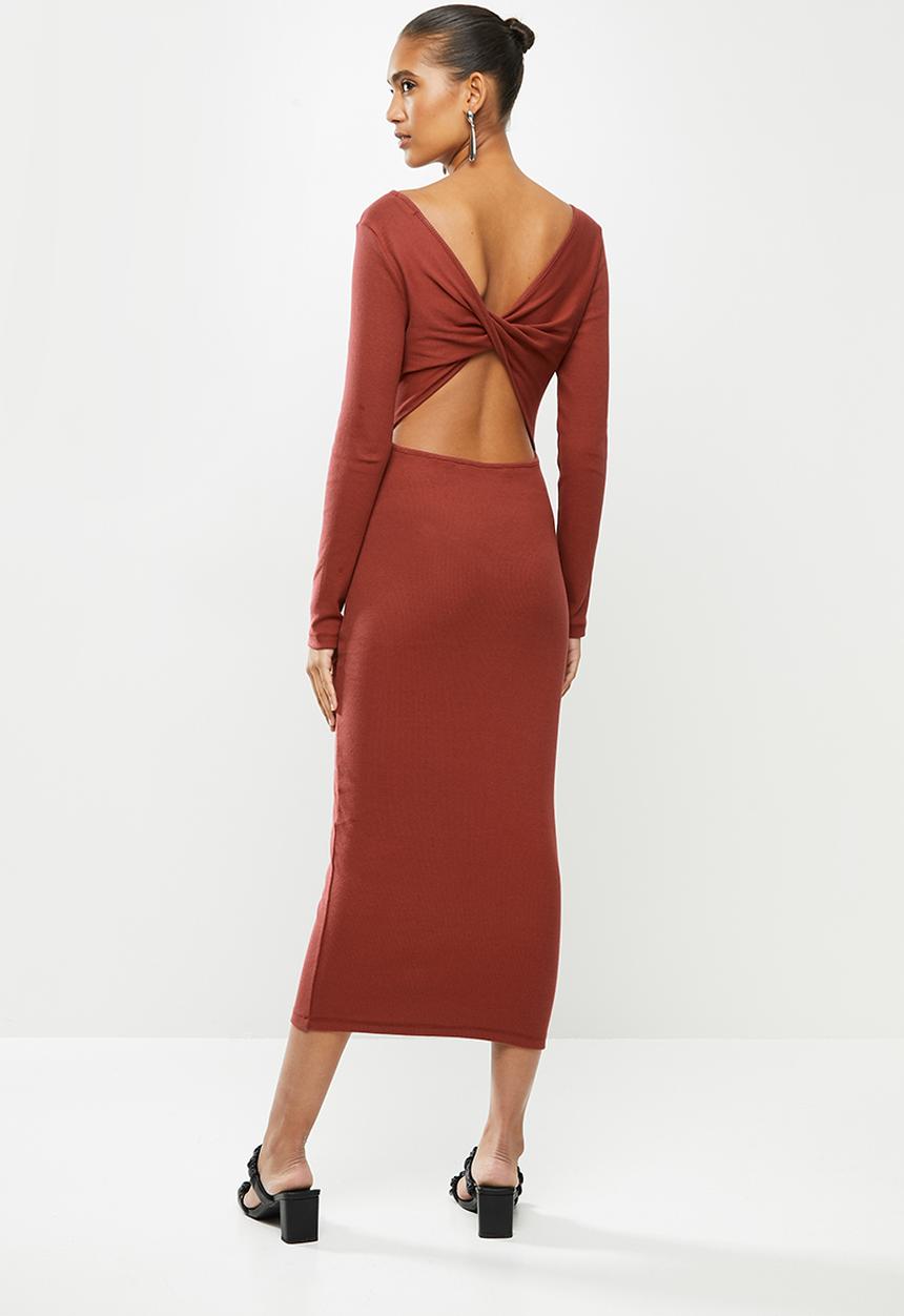 VELVET - Twist back column rib knit mini dress - brick