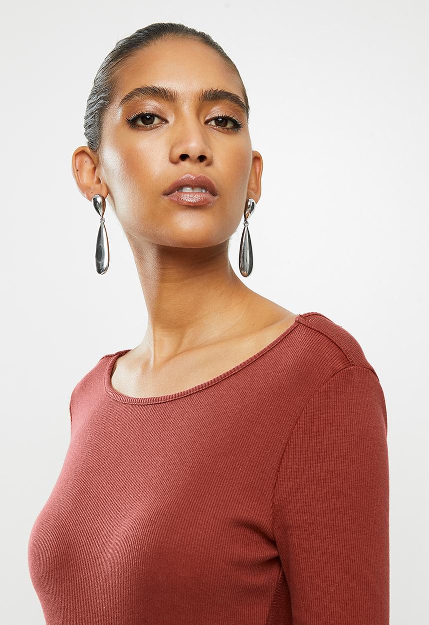 VELVET - Twist back column rib knit mini dress - brick