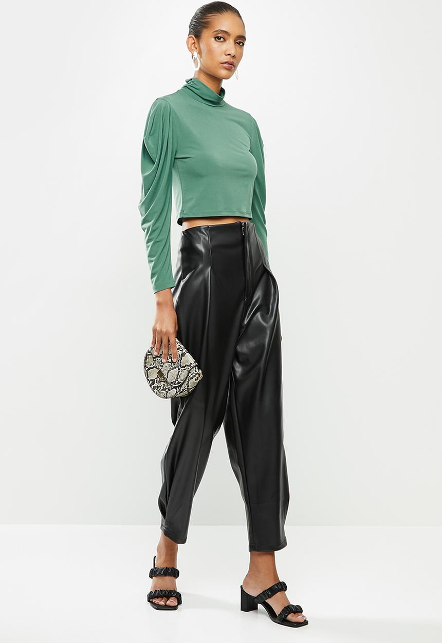 VELVET - Pu tapered pant with styled band - black 