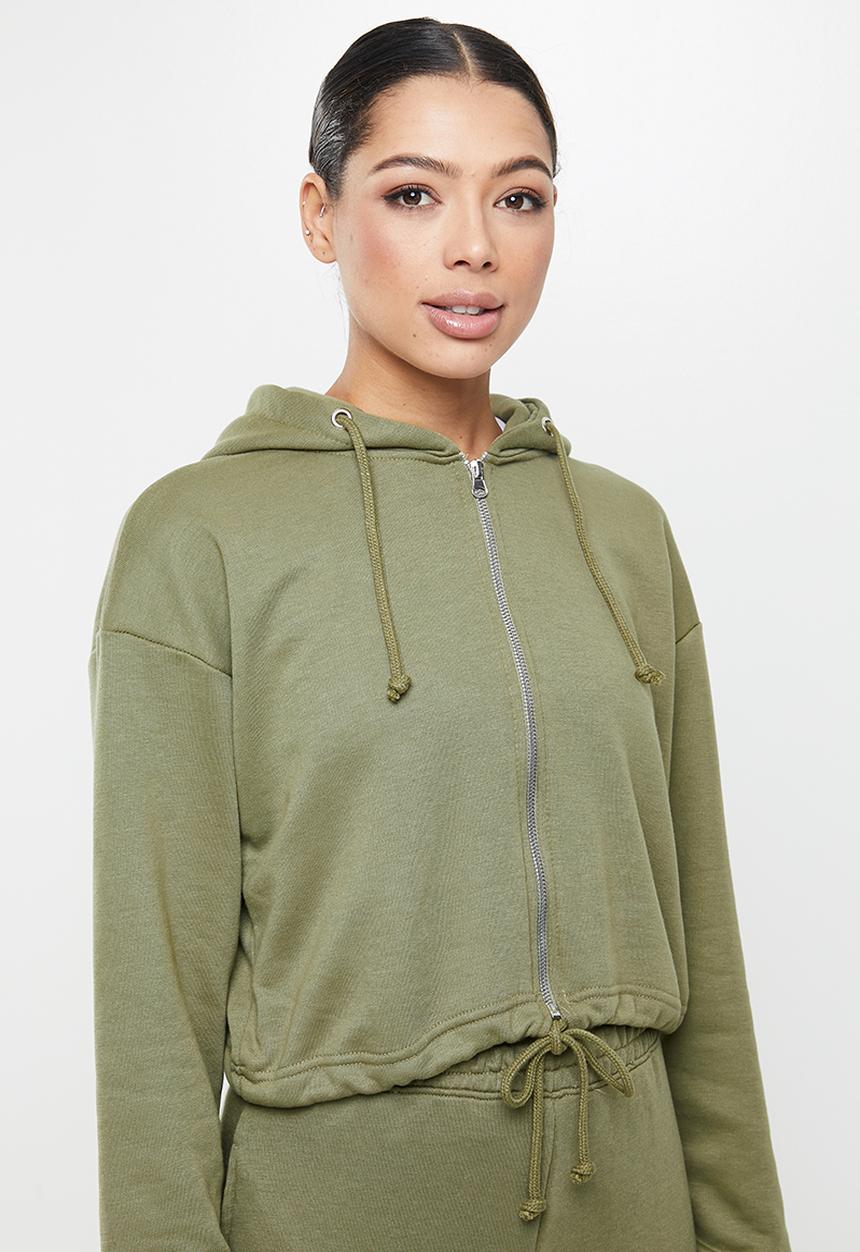 Missguided - Co ord crop zip hoodie jogger set - khaki
