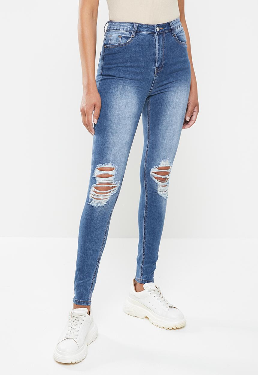 Missguided - Sinner distress knee cut high waist jean - blue