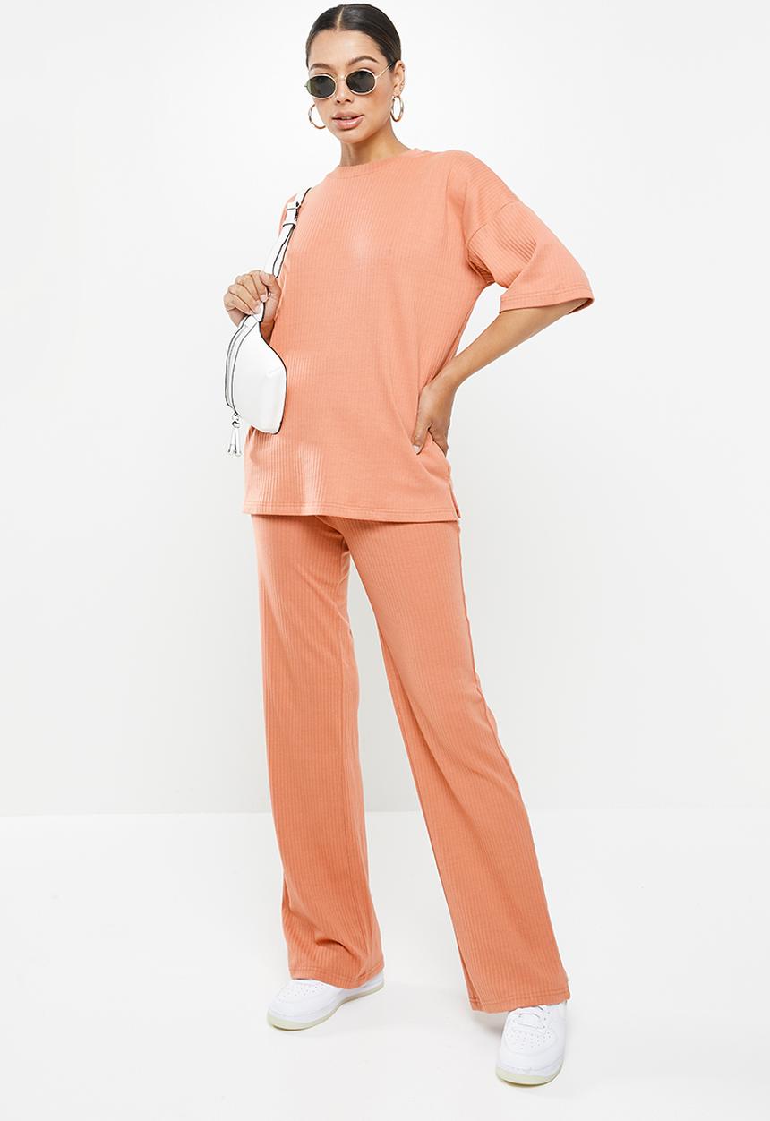 Missguided - Rib T-shirt wide leg set - rust