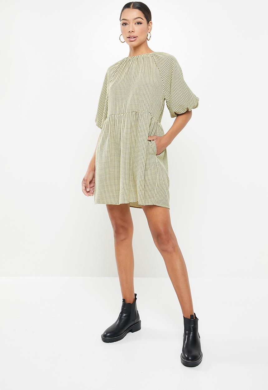 Missguided - Gingham balloon sleeve mini dress - yellow & black