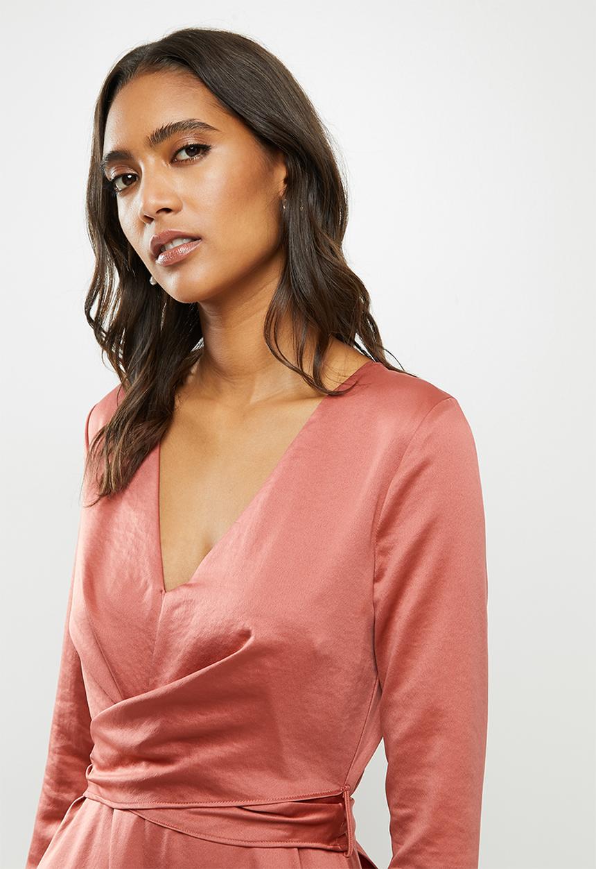 MILLA - Sueded satin wrap bodice midi dress - dusty pink 