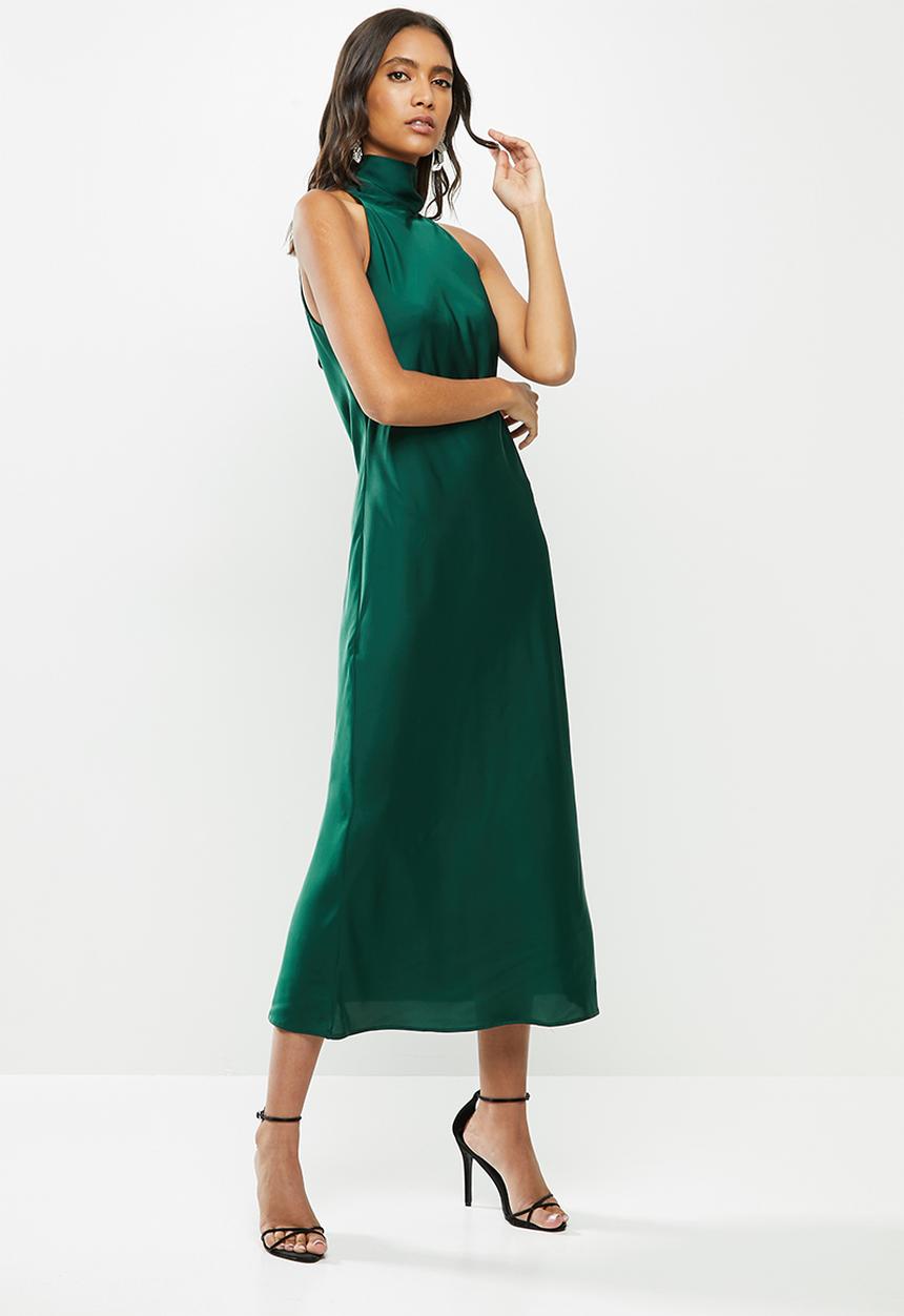 MILLA - Satin halter slip midi dress - emerald 
