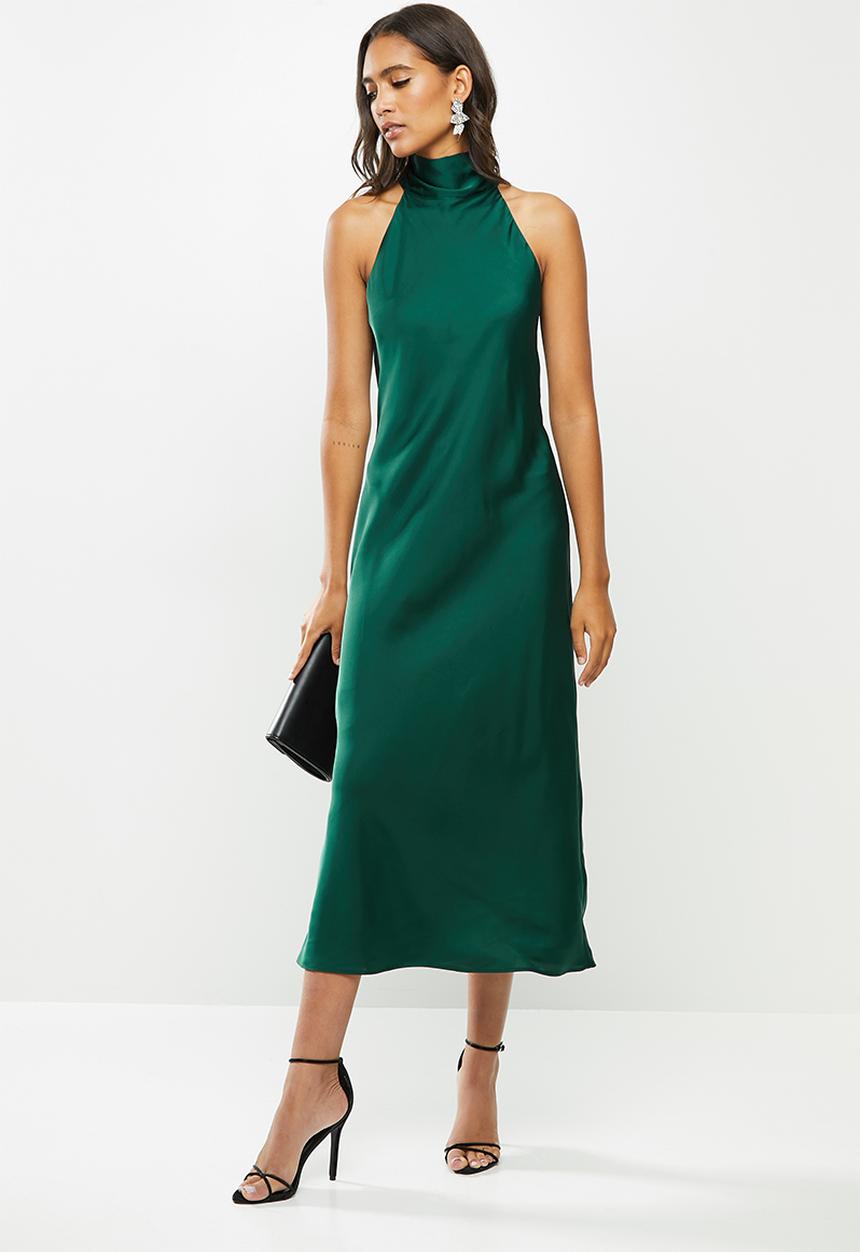 MILLA - Satin halter slip midi dress - emerald 