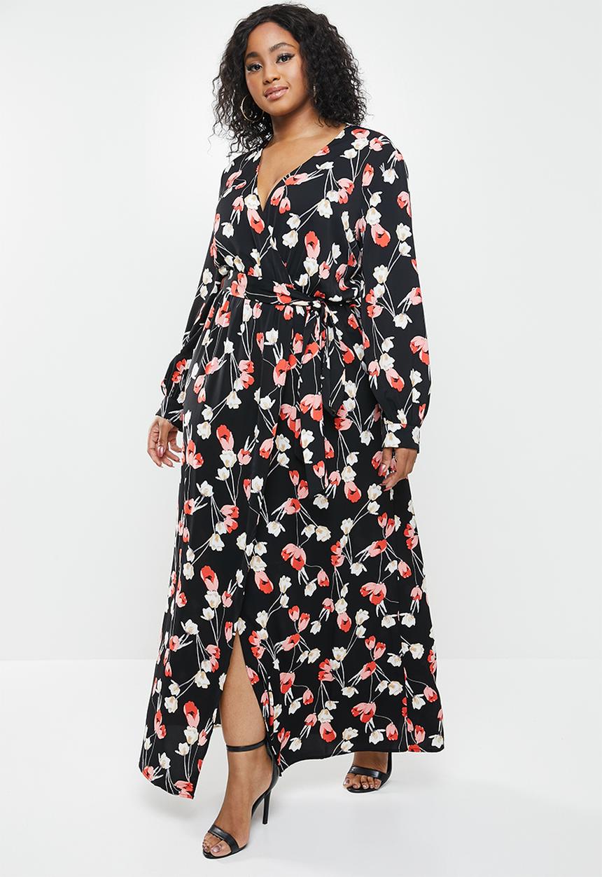 Missguided - Plus plunge maxi dress floral - red & black 