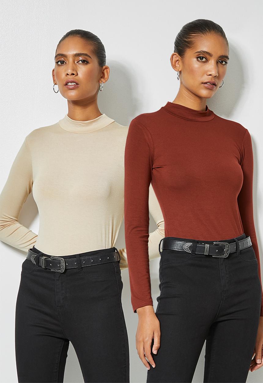 Superbalist - 2 Pack funnel neck viscose tops - rust & stone