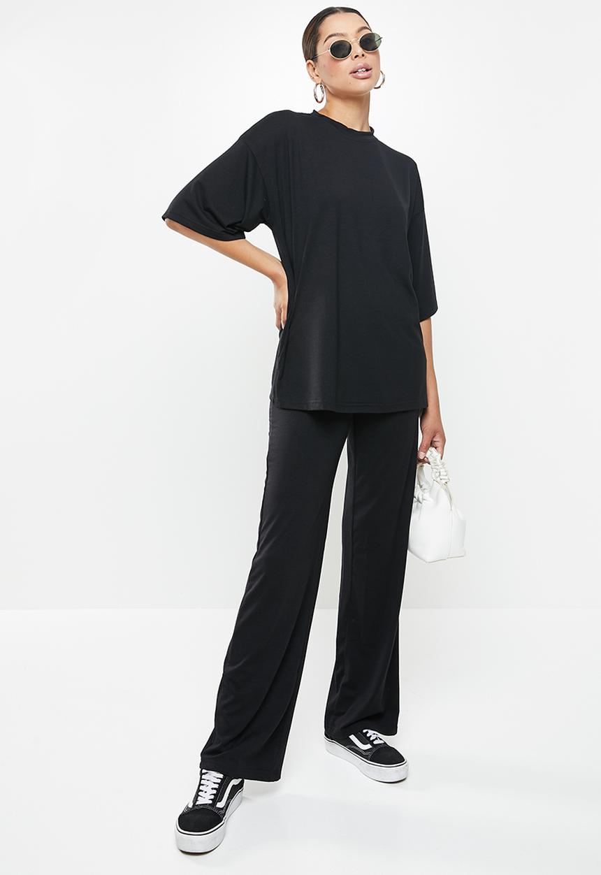 Missguided - Coord jersey T-shirt wide leg set - black