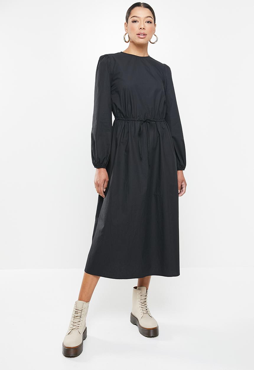Missguided - Tie waist midi smock dress long sleeve poplin - black