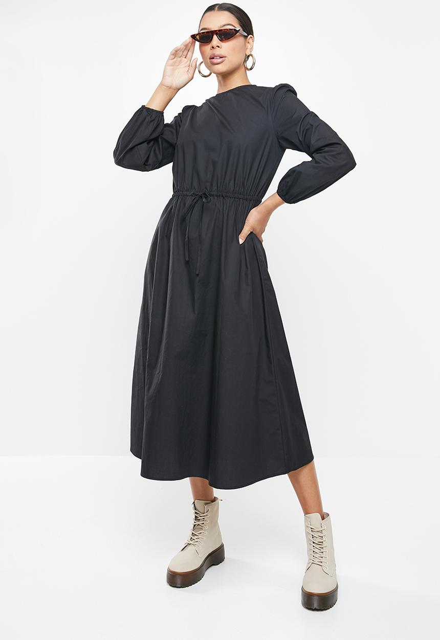Missguided - Tie waist midi smock dress long sleeve poplin - black