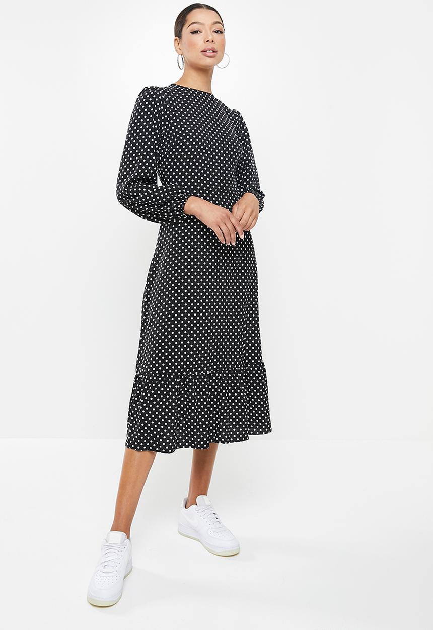 Missguided - Ruffle hem midi smock dress long sleeve polka - black & white