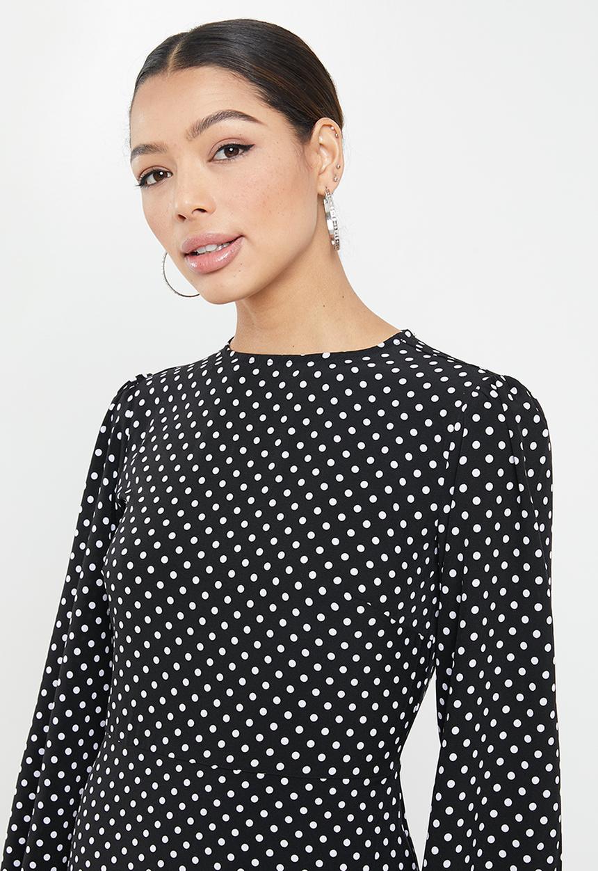 Missguided - Ruffle hem midi smock dress long sleeve polka - black & white