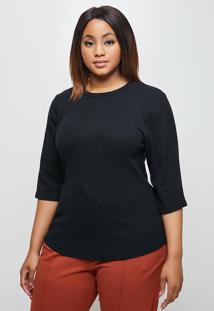 edit Plus - Ribbed crew 3/4 sleeve tee - black