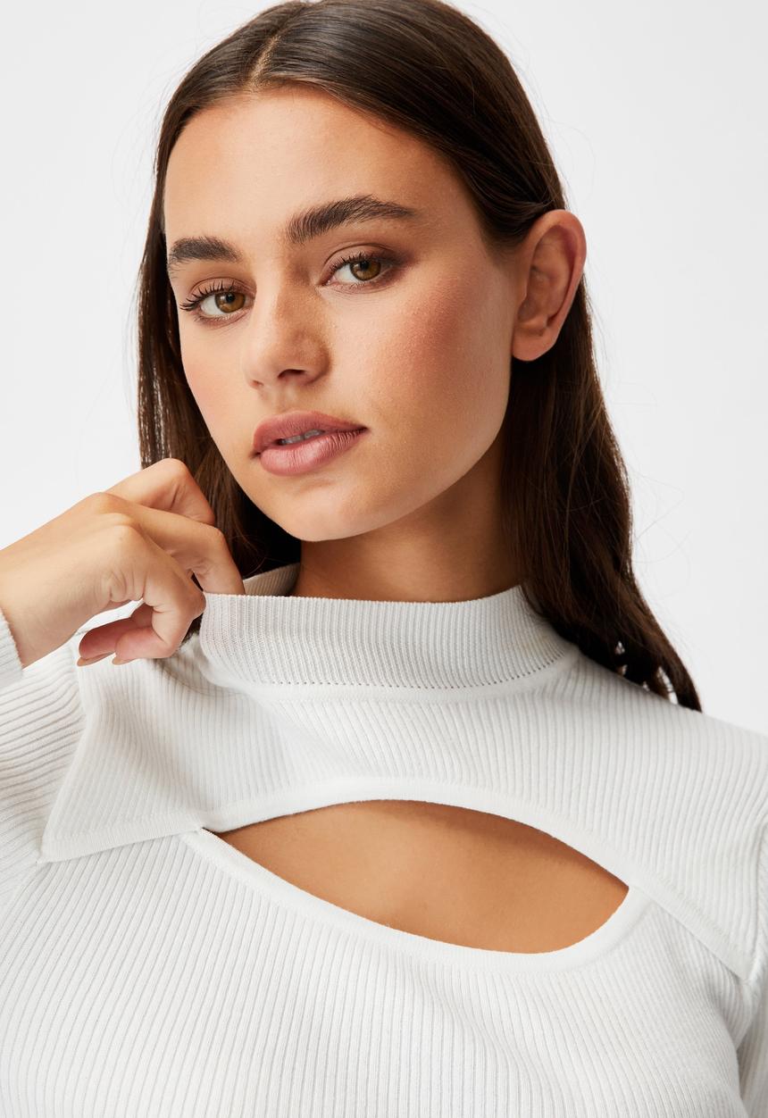 Factorie - Cut out funnel neck knit top - white