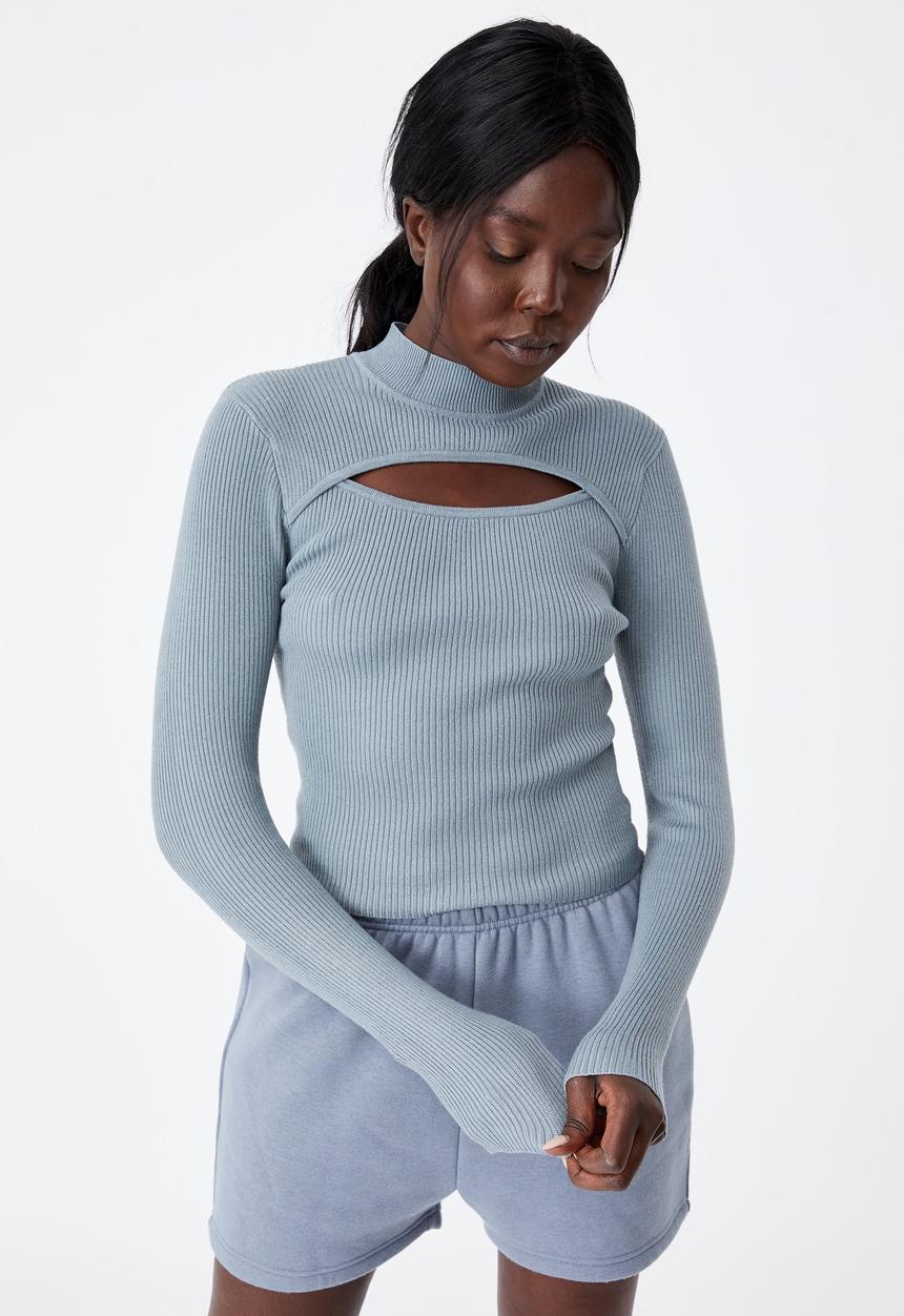 Factorie - Cut out funnel neck knit top - petrol blue