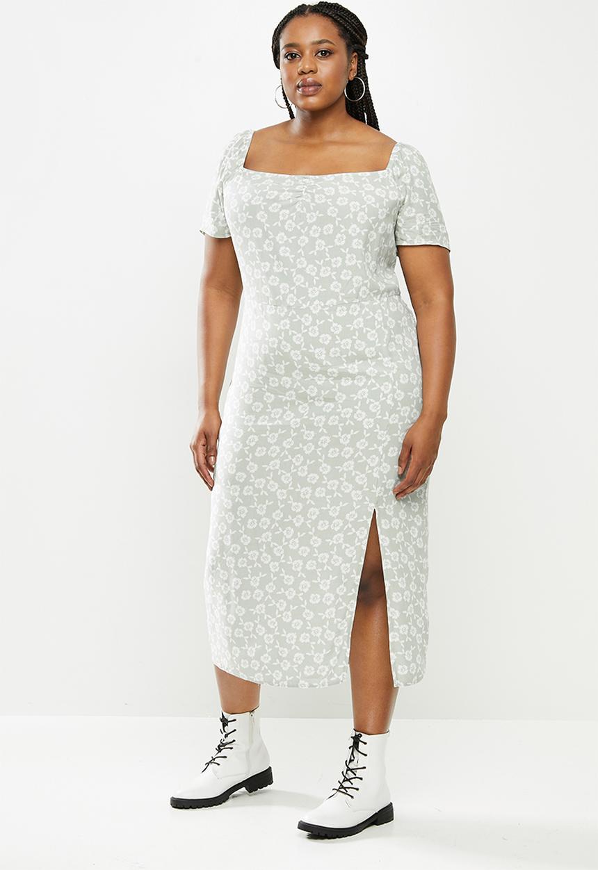 Blake - Puff sleeve midi dress with slit - sage