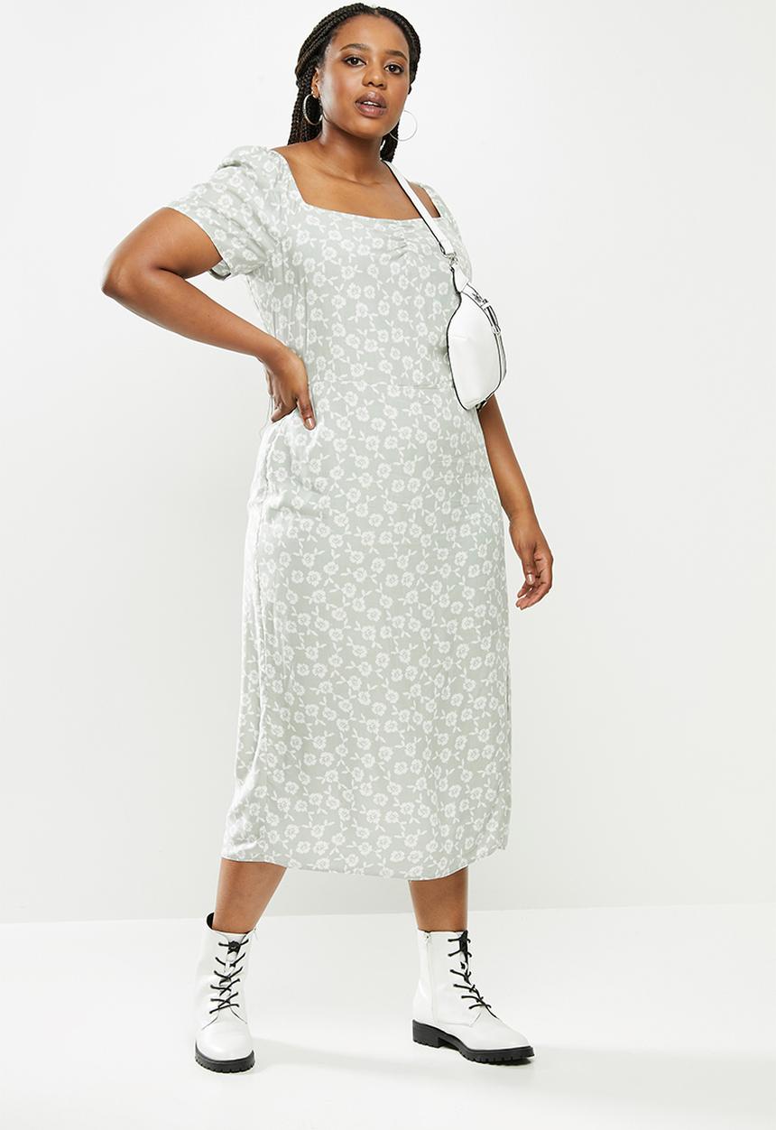 Blake - Puff sleeve midi dress with slit - sage