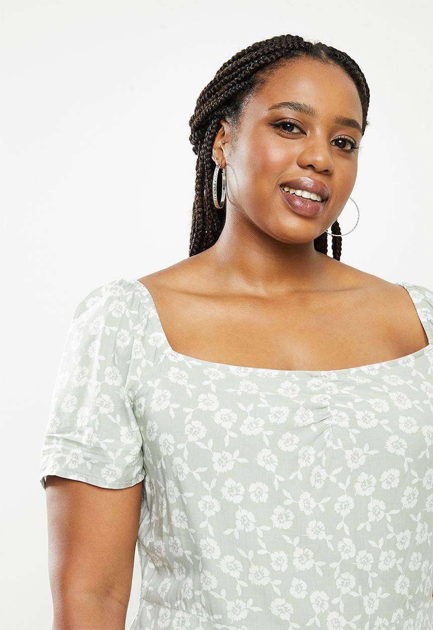 Blake - Puff sleeve midi dress with slit - sage