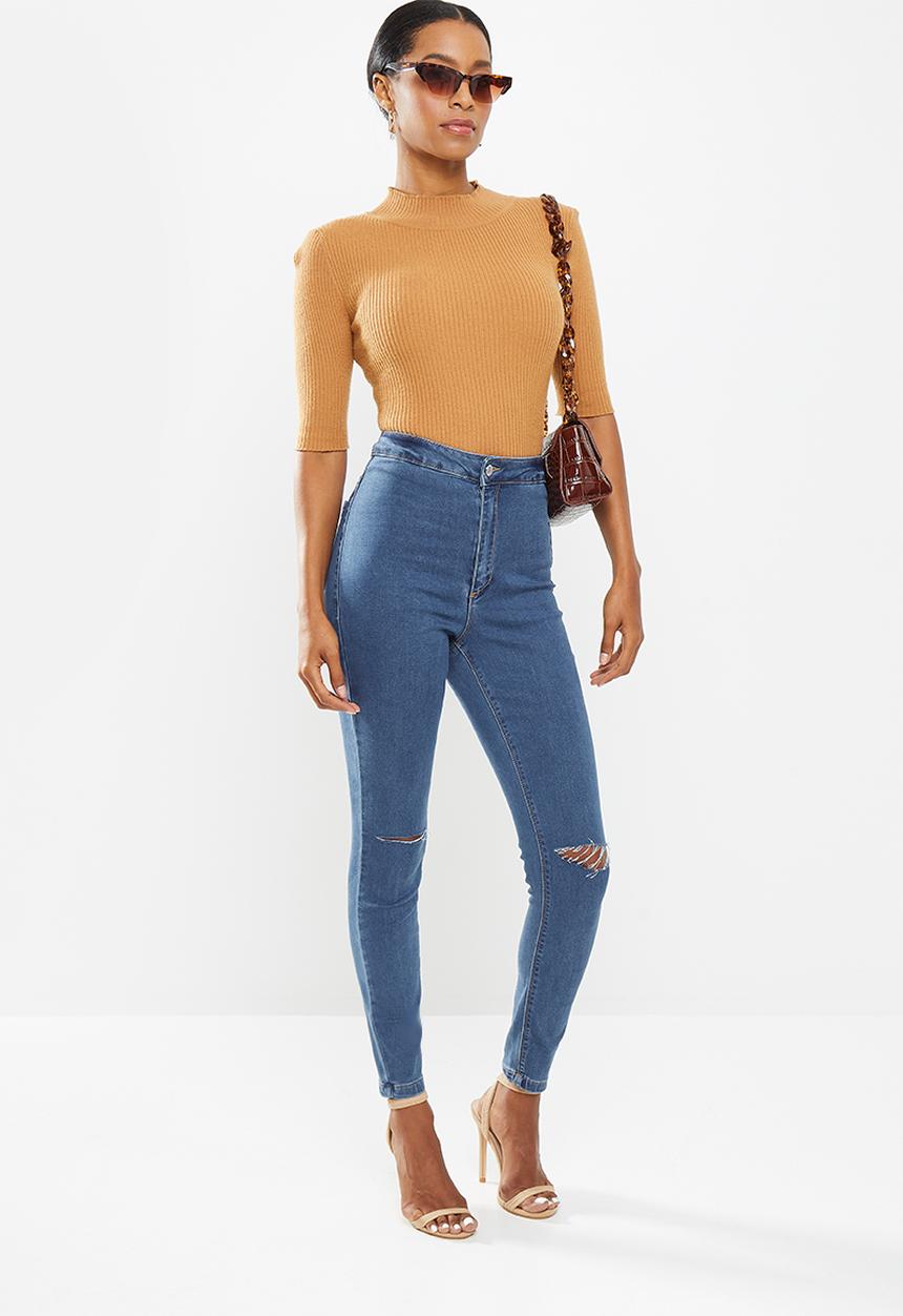 Missguided - Petite vice highwaisted slash knee skinny - blue