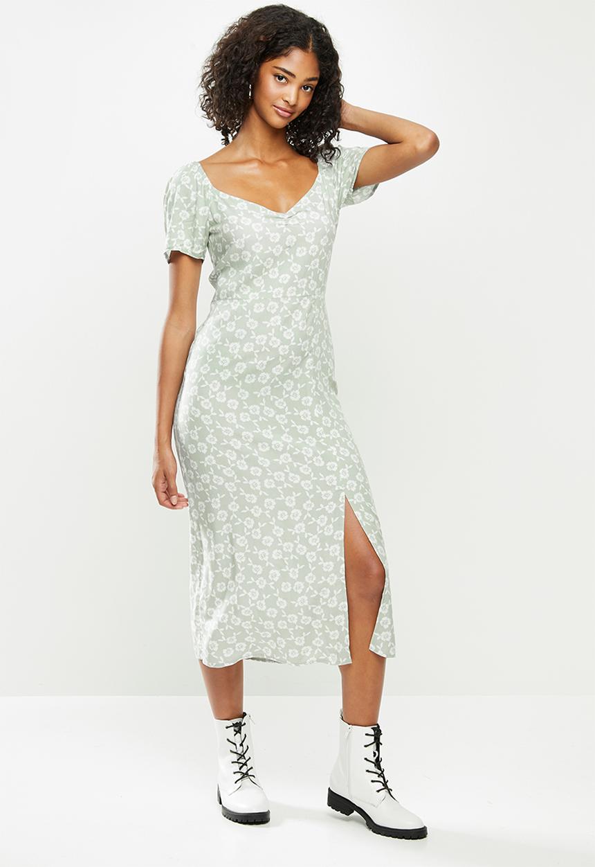 Blake - Puff sleeve midi dress with slit - sage & white 