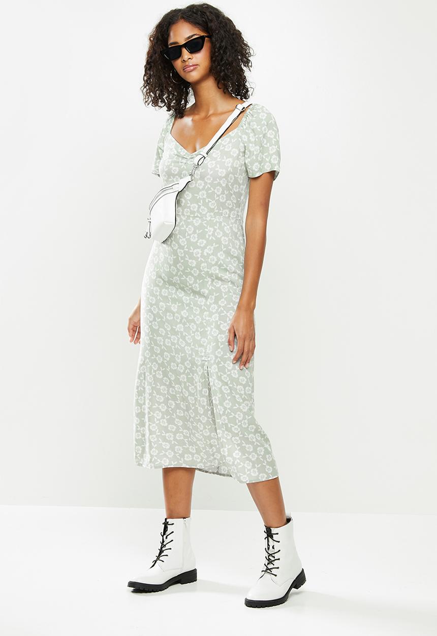 Blake - Puff sleeve midi dress with slit - sage & white 