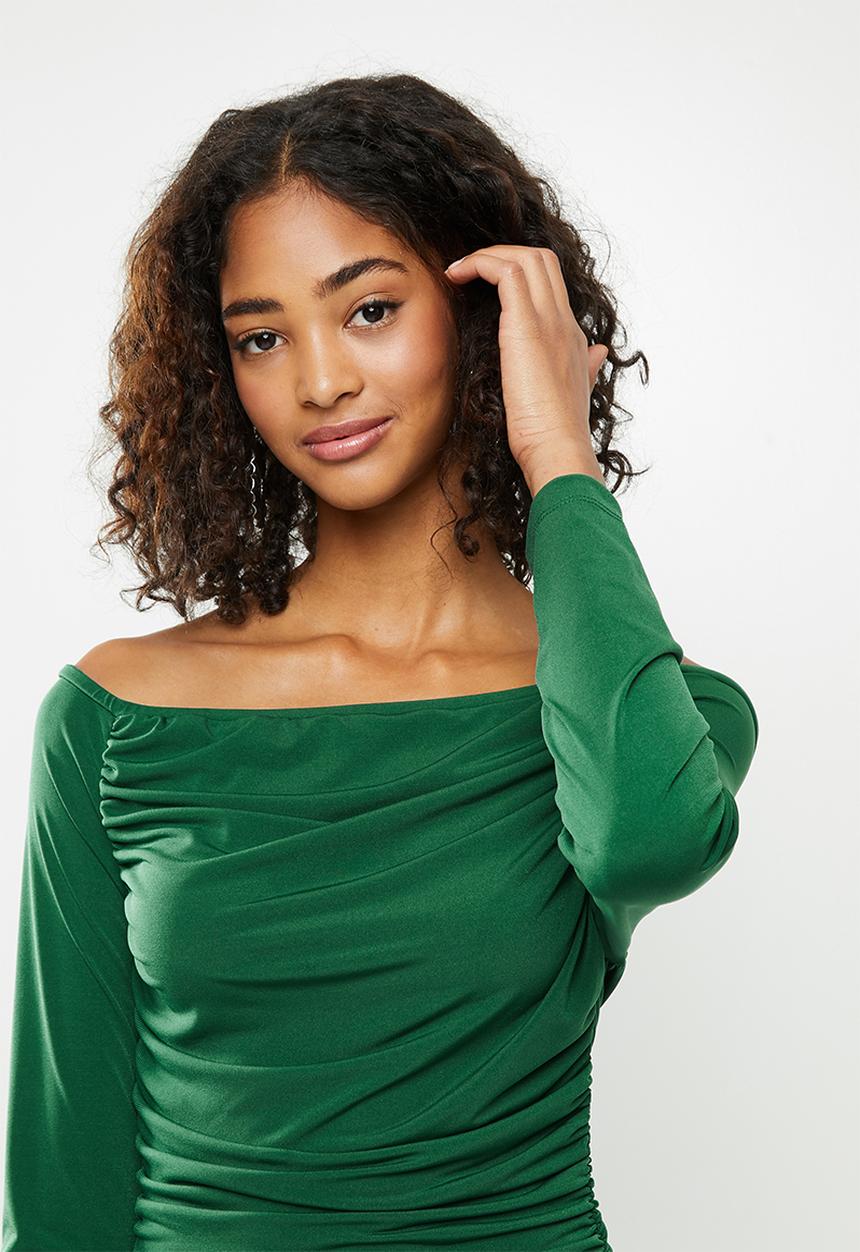 Blake - Bardot ruched mini dress - emerald
