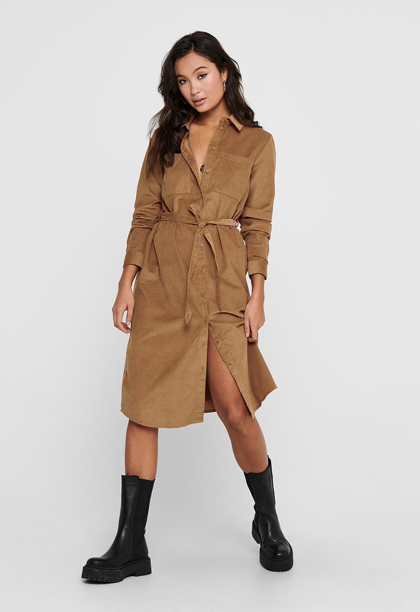 Jacqueline de Yong - Collins long sleeve corduroy shirt dress - tan