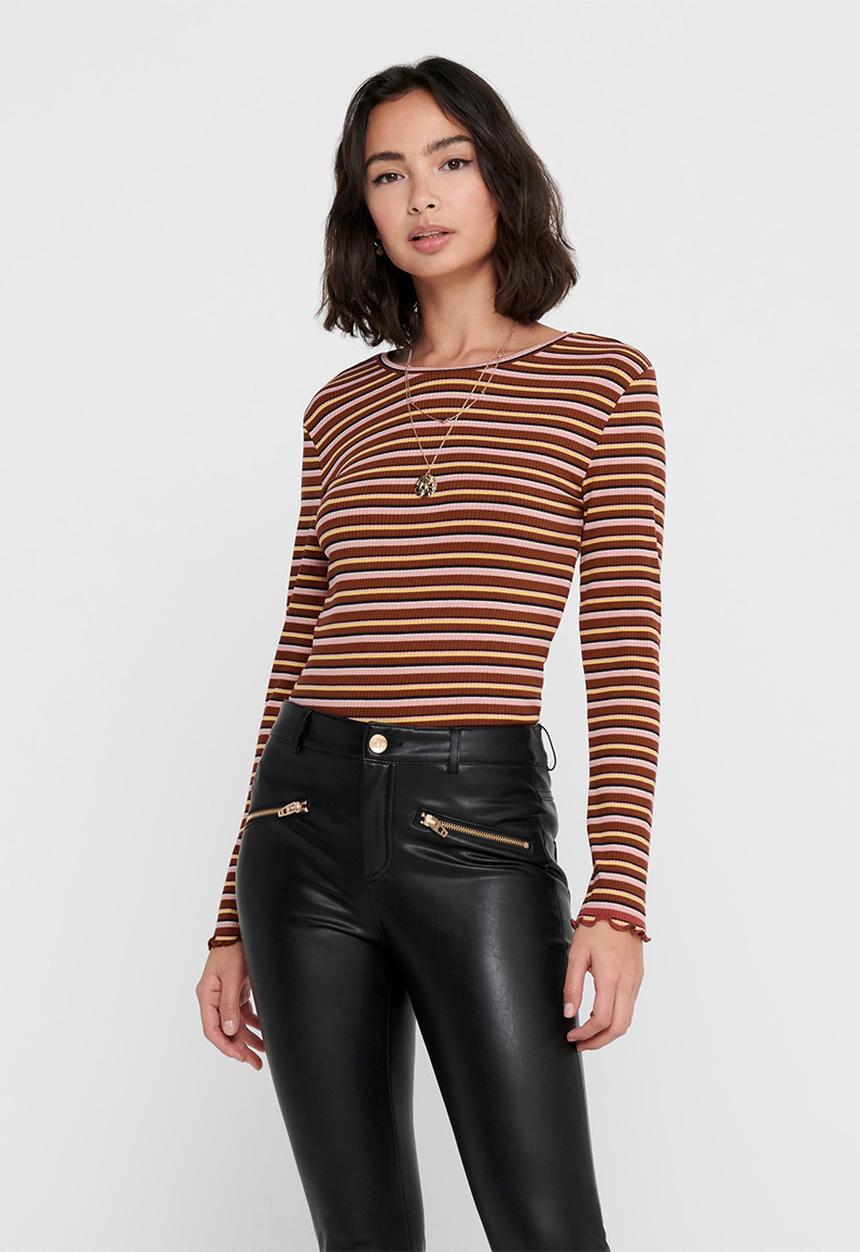 Jacqueline de Yong - Maya long sleeve stripe top - russet brown