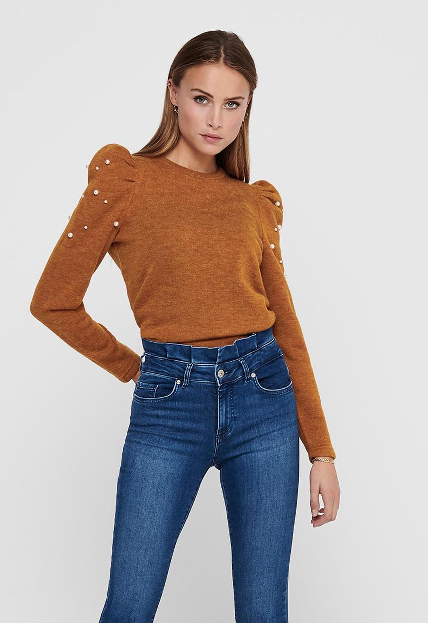 Jacqueline de Yong - Mielong sleeve pearl puff sleeve top - brown 