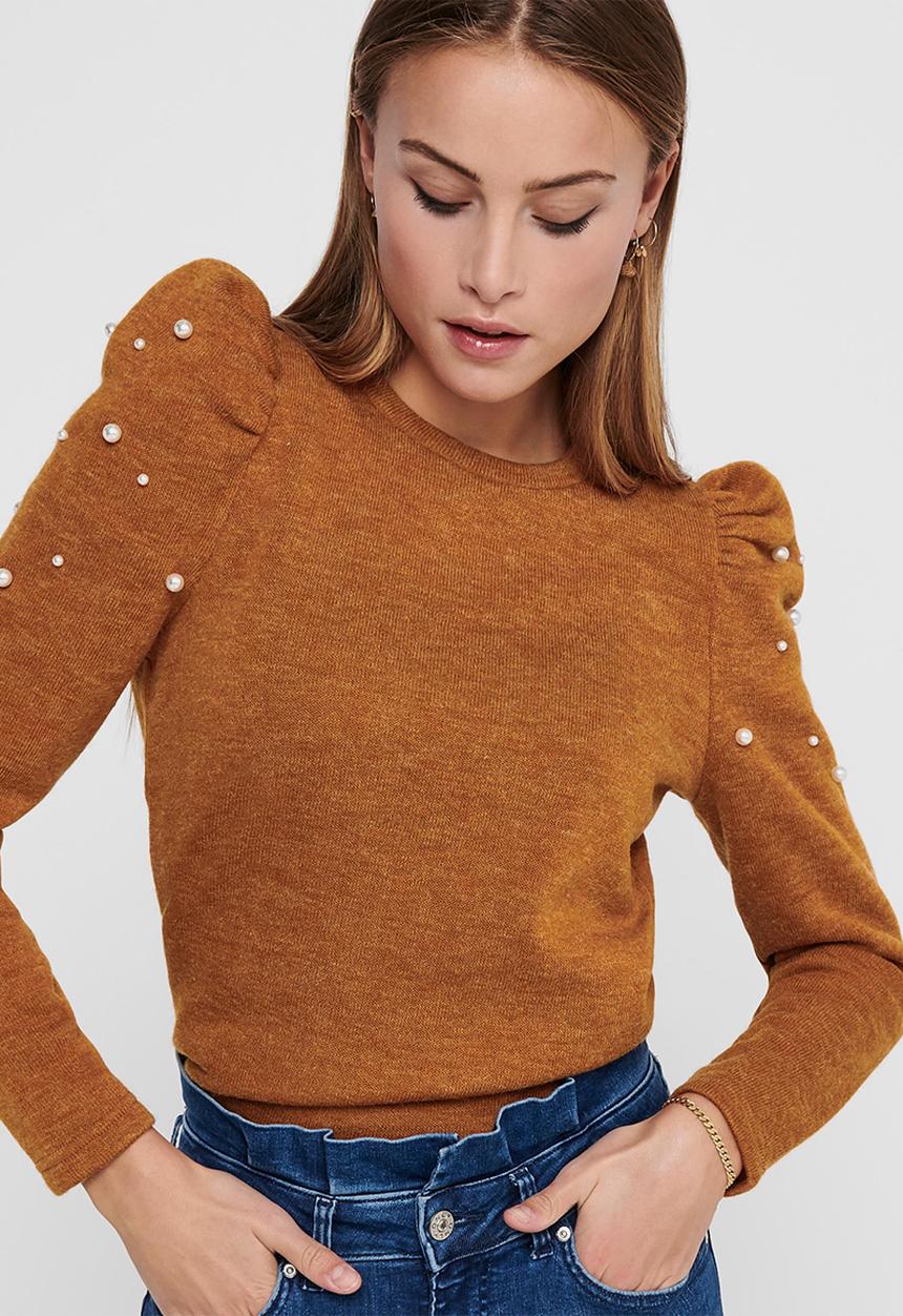 Jacqueline de Yong - Mielong sleeve pearl puff sleeve top - brown 