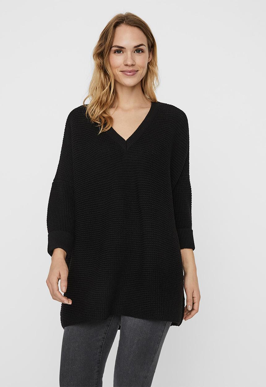 Vero Moda - Leanna 3/4 v-neck long knit - black