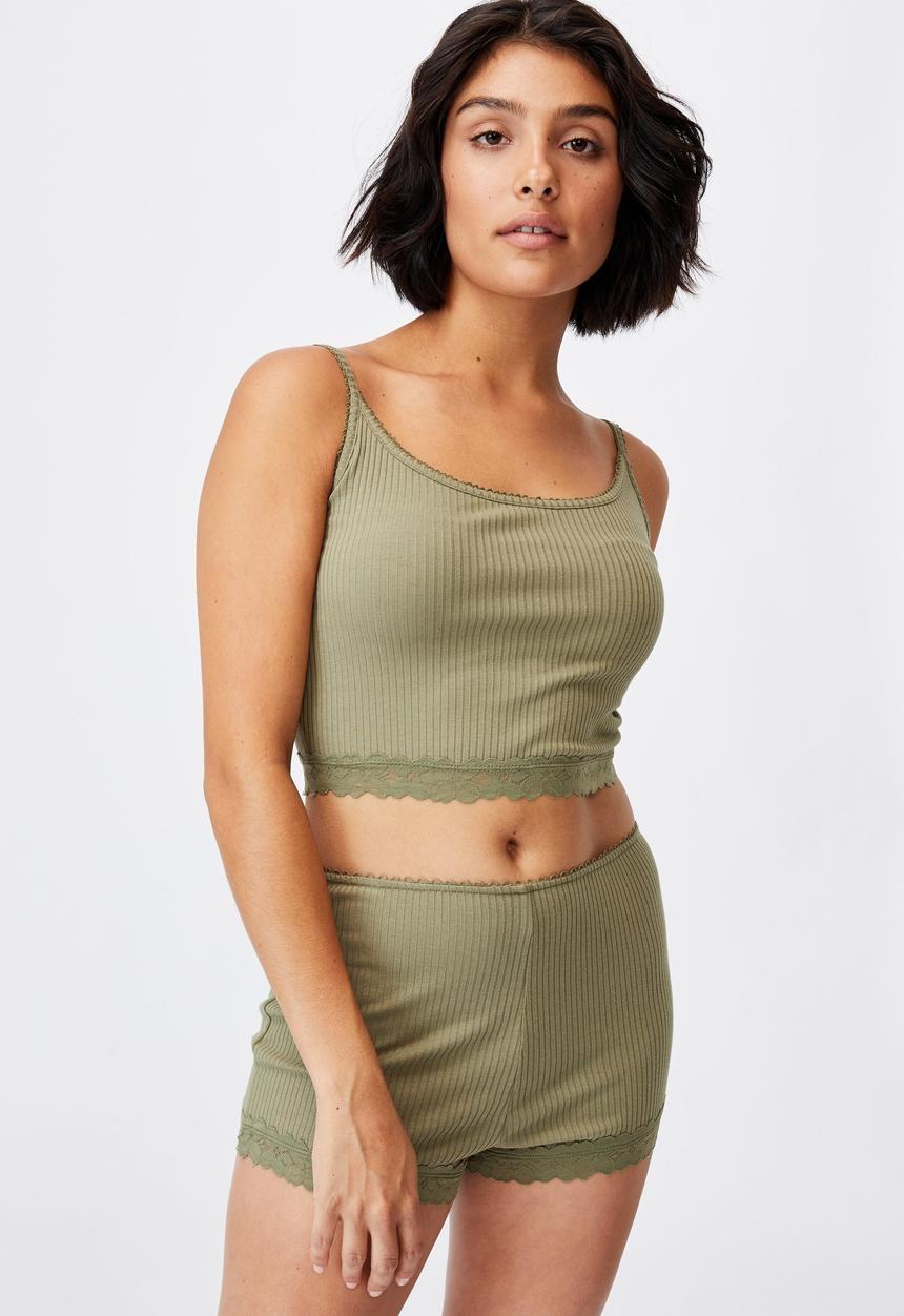 Cotton On - Rib lace sleep cami - olive