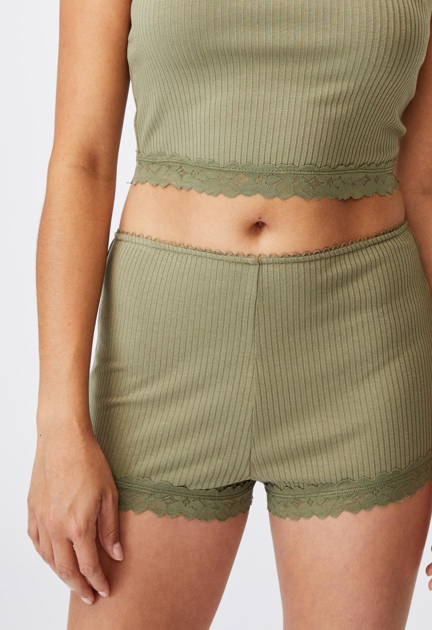 Cotton On - Rib lace sleep short - olive