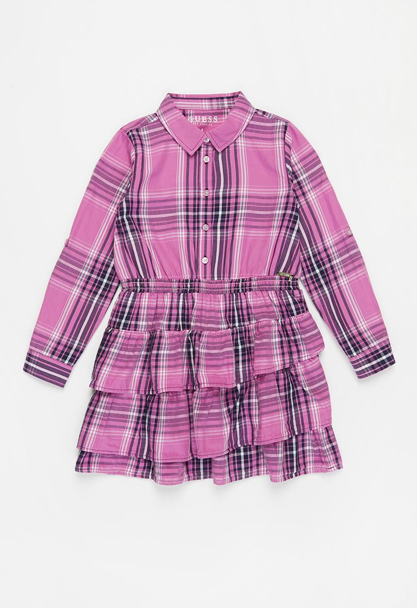GUESS - Girls check long sleeve dress - pink & navy 