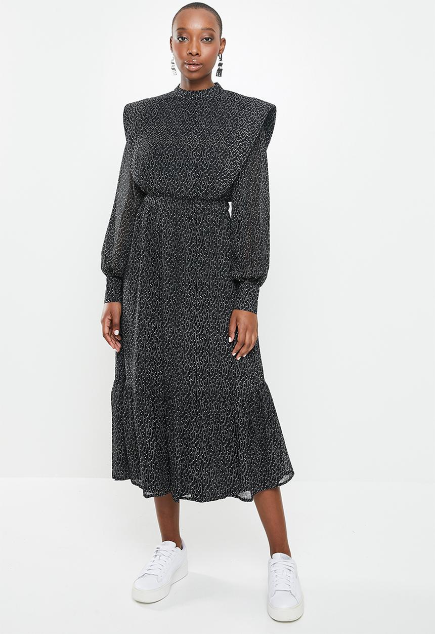 Missguided - Hi neck shoulder pad midi dress long sleeve star - black