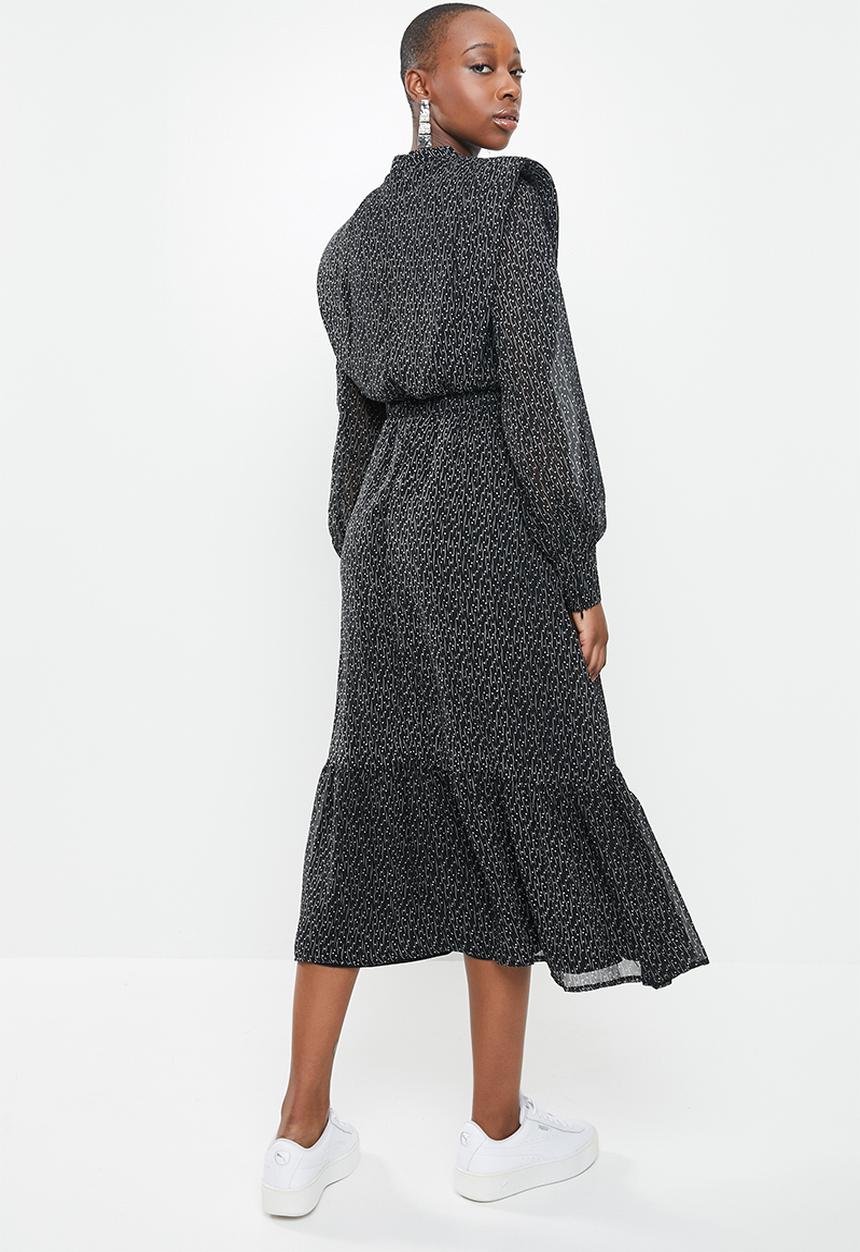 Missguided - Hi neck shoulder pad midi dress long sleeve star - black