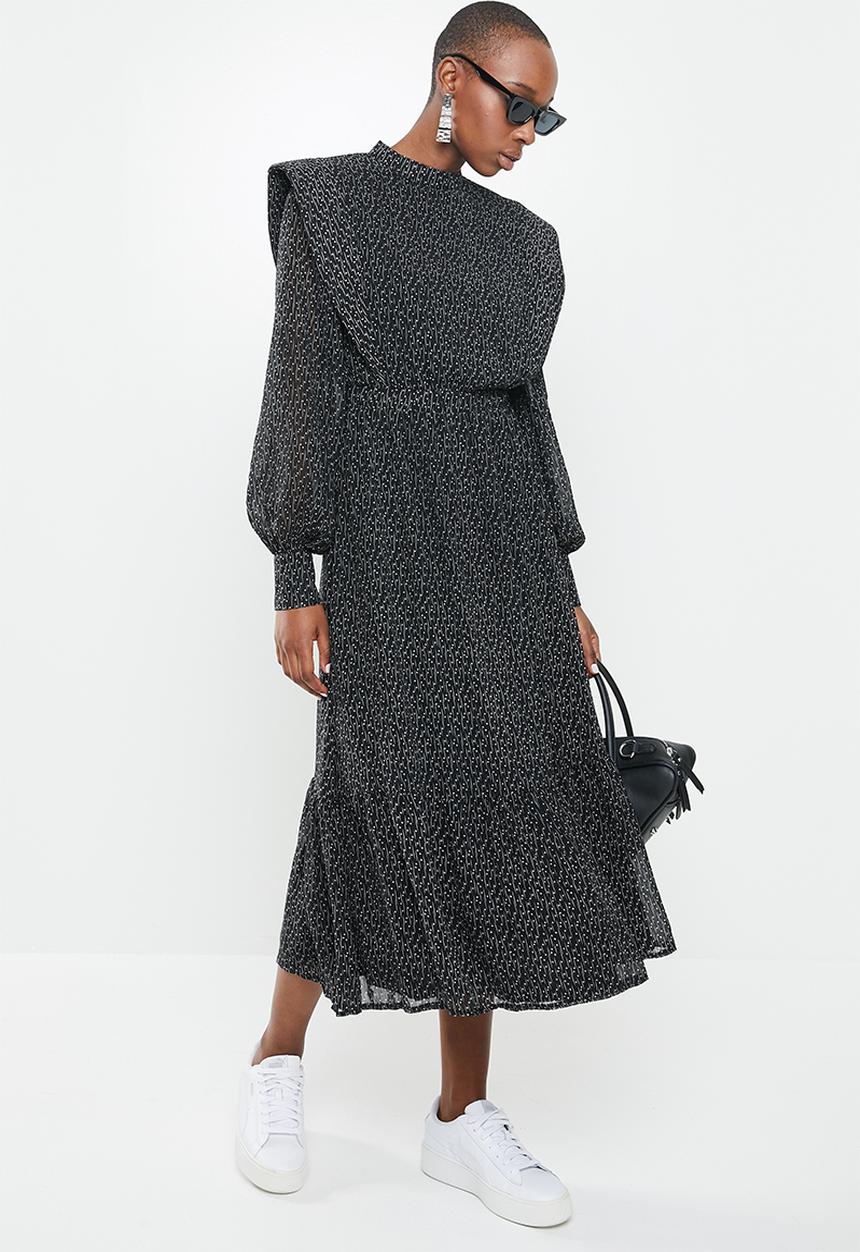 Missguided - Hi neck shoulder pad midi dress long sleeve star - black