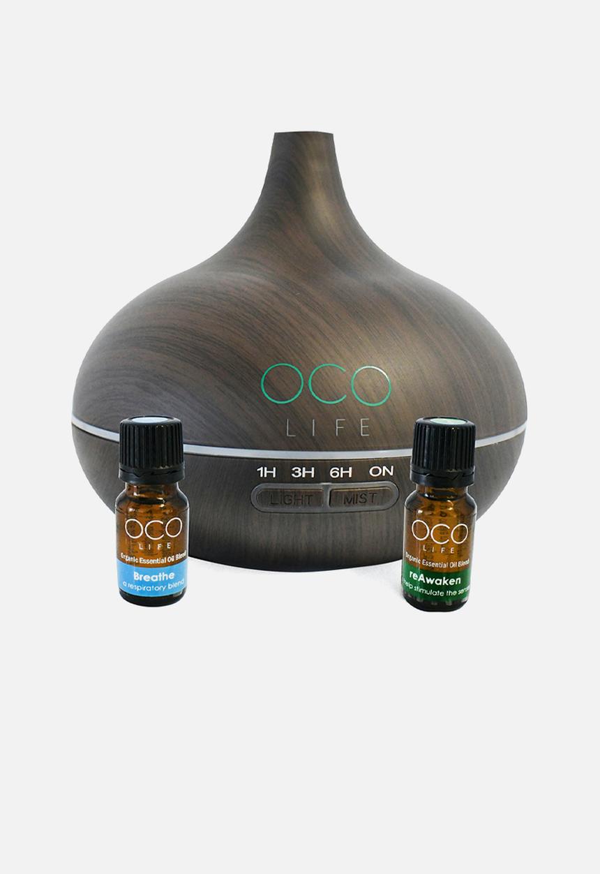OCO Life  - Tall - dark wood diffuser with 2 oils  breathe & reawaken