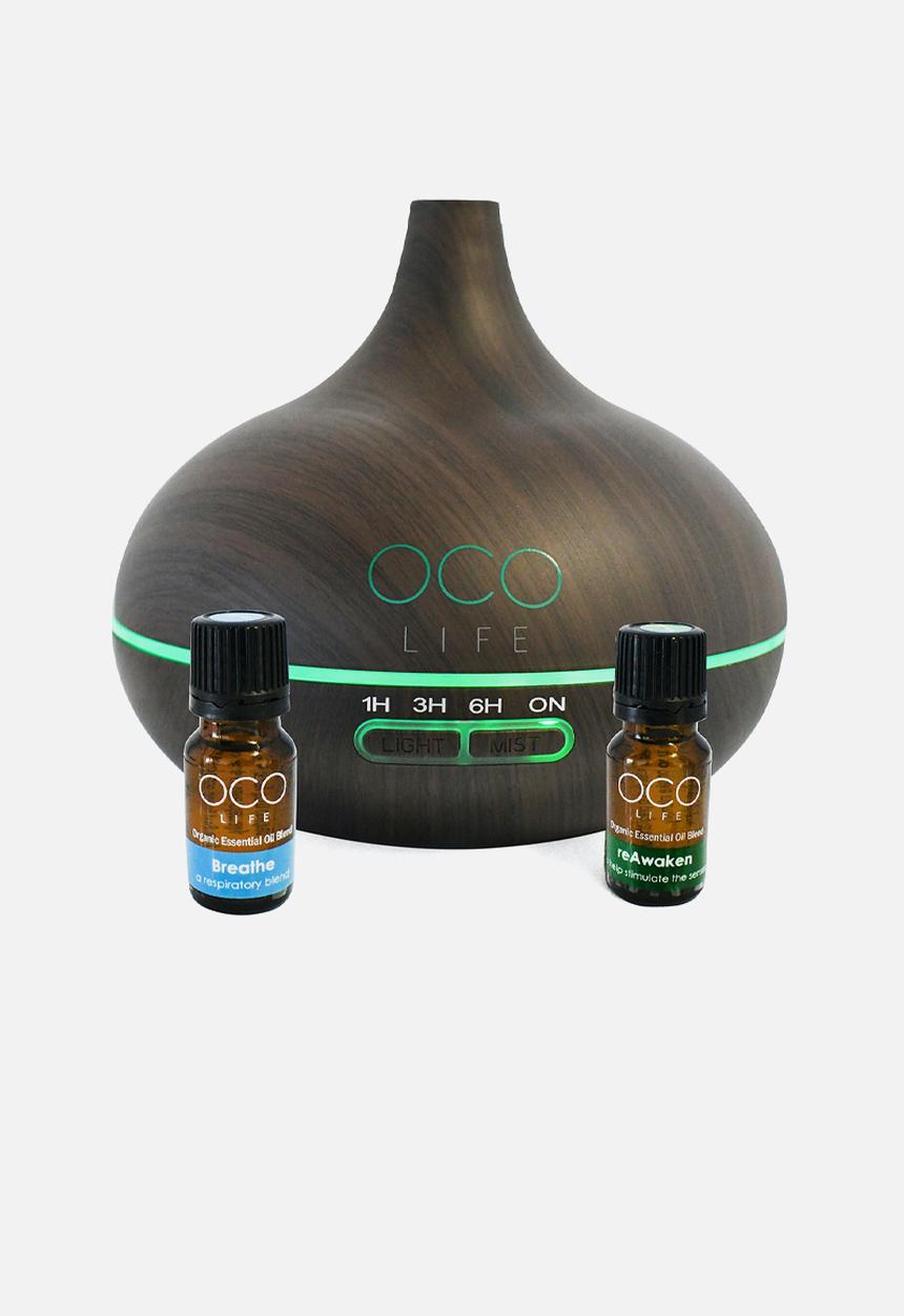 OCO Life  - Tall - dark wood diffuser with 2 oils  breathe & reawaken