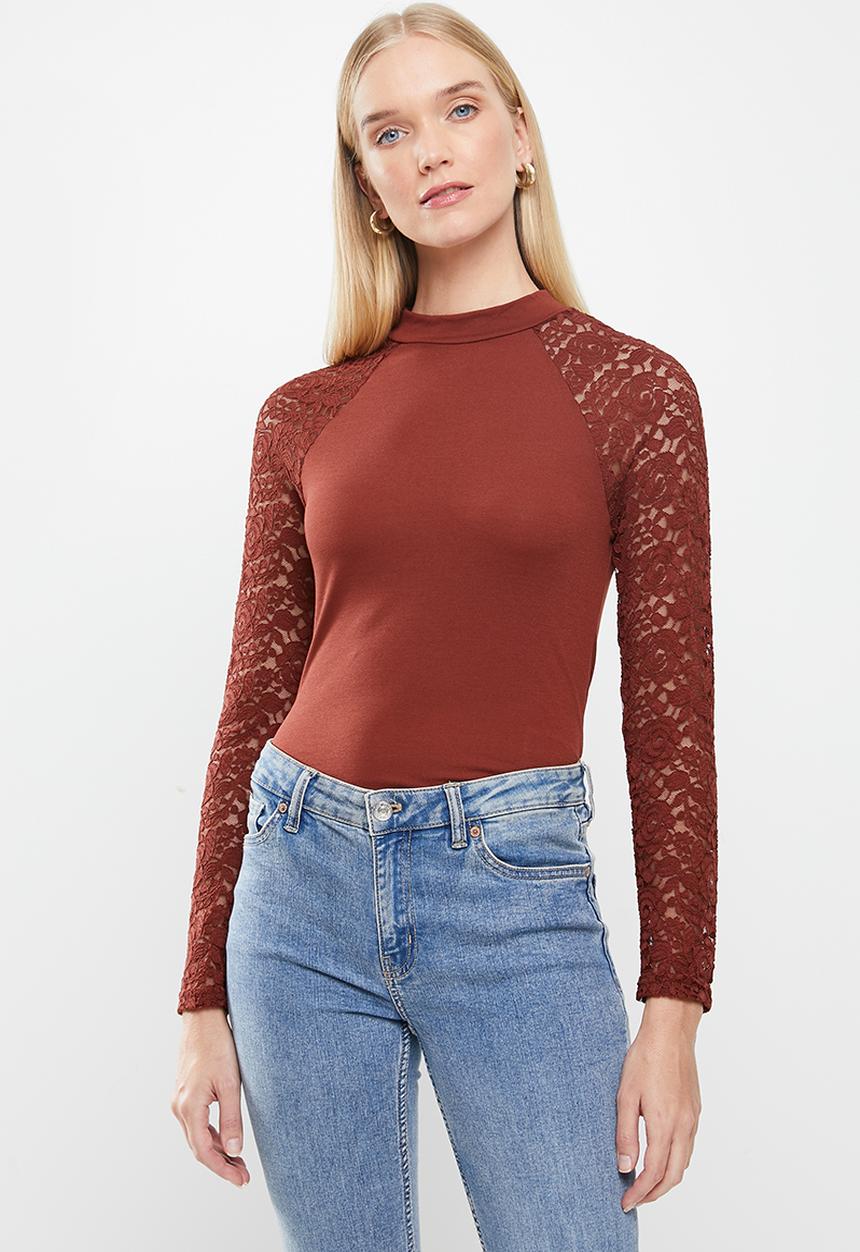 Jacqueline de Yong - Kim long sleeve high neck lace top - rust